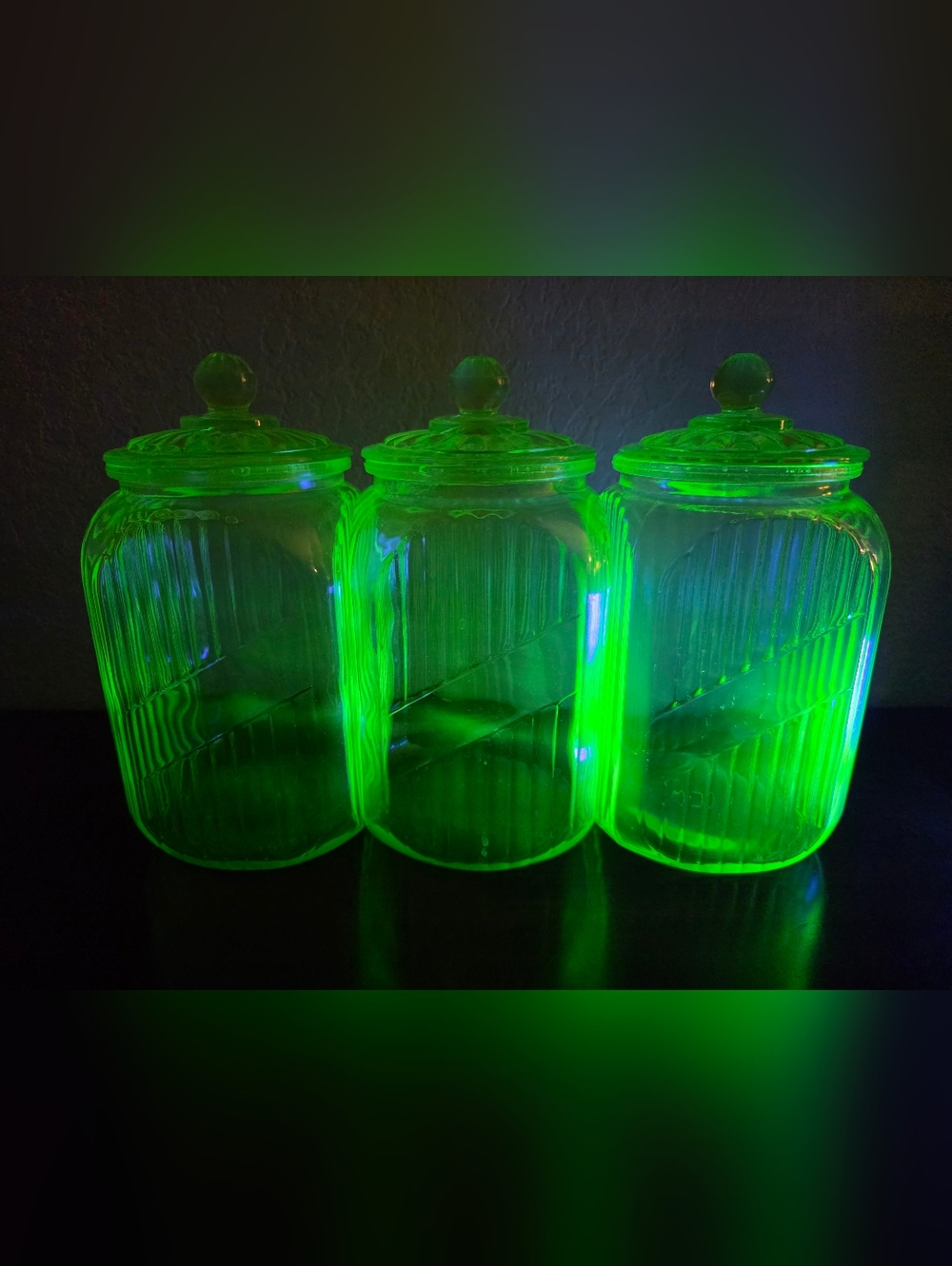 Uranium Glass Depression Anchor Hocking 1930’s 3pc Large Canisters With Lids 8½"